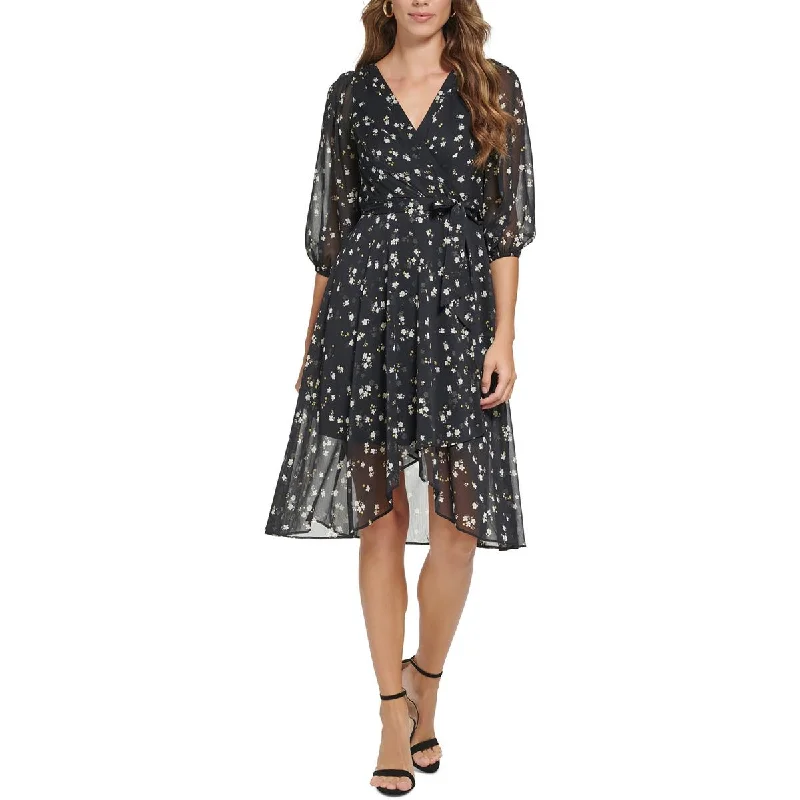 Don’t Miss Out DKNY Womens Petites Floral Hi-Low Midi Dress