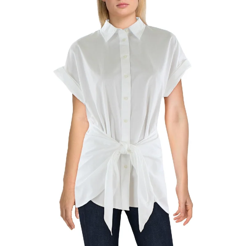Crazy Deals Lauren Ralph Lauren Womens Collared Tie Waist Button-Down Top