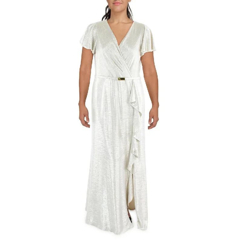 Limited Time Offer Lauren Ralph Lauren Womens Metallic Flutter Sleeves Evening Dress