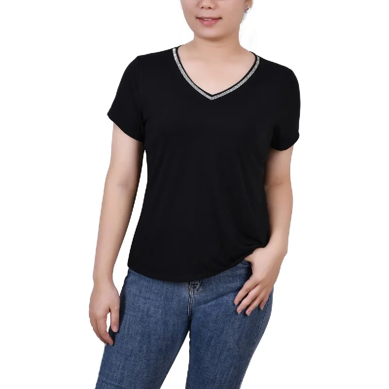 Act Now NY Collection Womens Petites Rhinestone Trim Solid Blouse