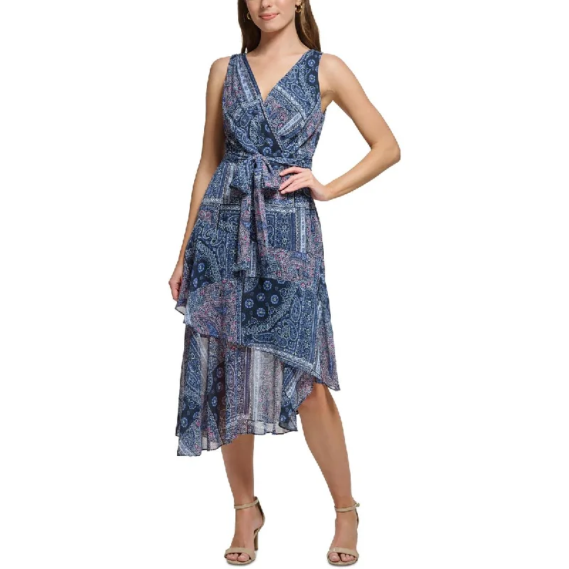 Seasonal Clearance Tommy Hilfiger Womens Patchwork Midi Fit & Flare Dress