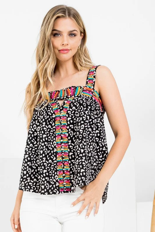Take Advantage Black Cheetah Print Embroidered Top
