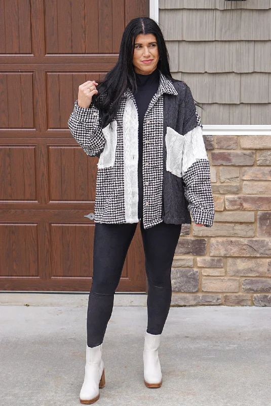 Bargain Blast Black Houndstooth Colorblock Sweater Shacket