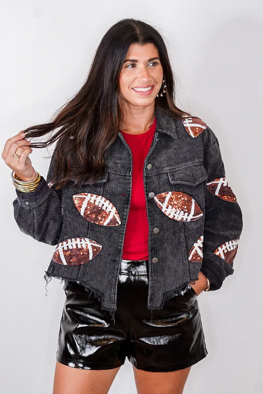 Super Deal Football Season Black Corduroy Jacket
