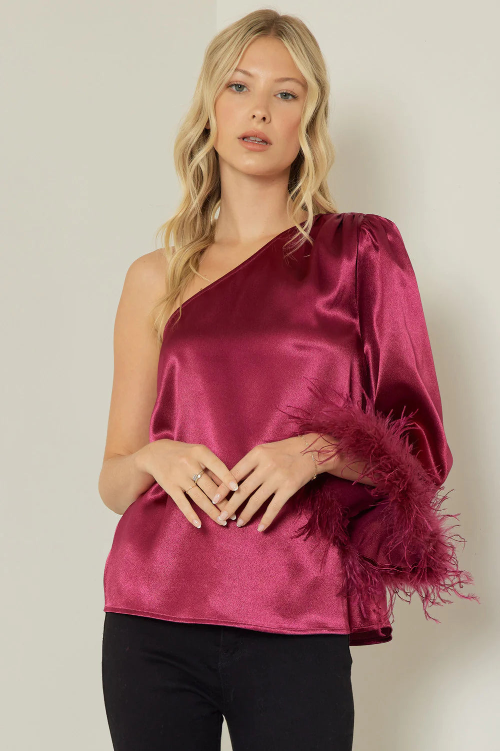 Discount Deals One Shoulder Fuchsia Satin Top