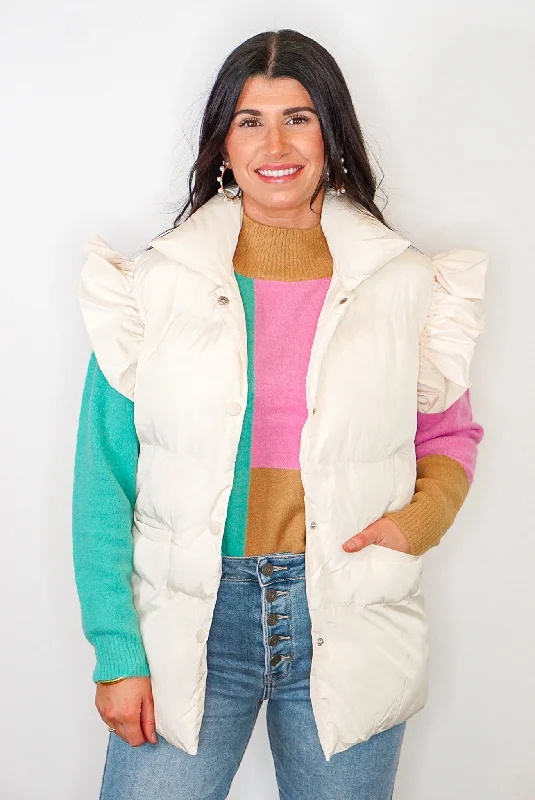 Get It Before It’s Gone Ruffled Cutie Cream Puffer Vest