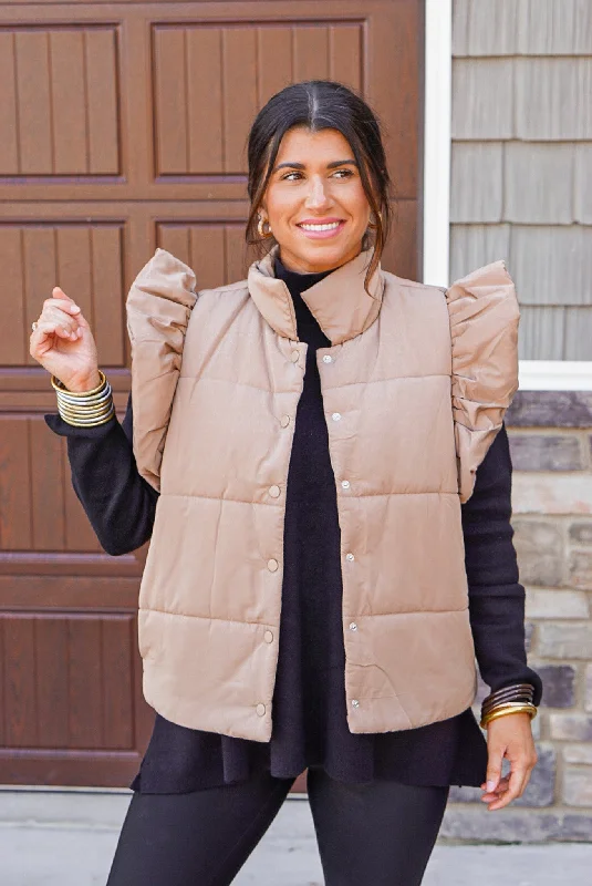 Markdowns Ruffled Puffer Caramel Quilted Vest
